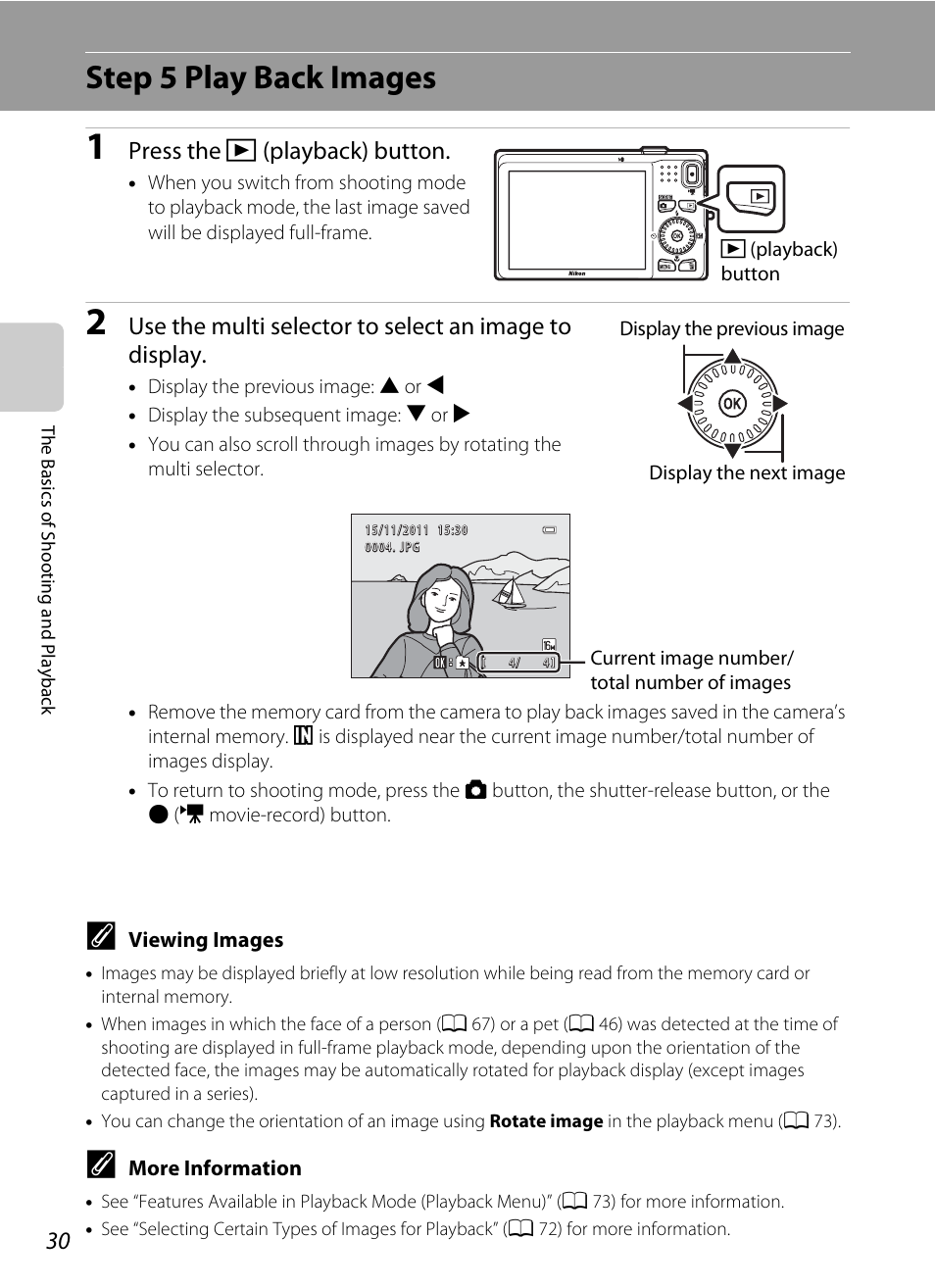 Step 5 play back images, Press the c (playback) button | Nikon S6200 User Manual | Page 46 / 212