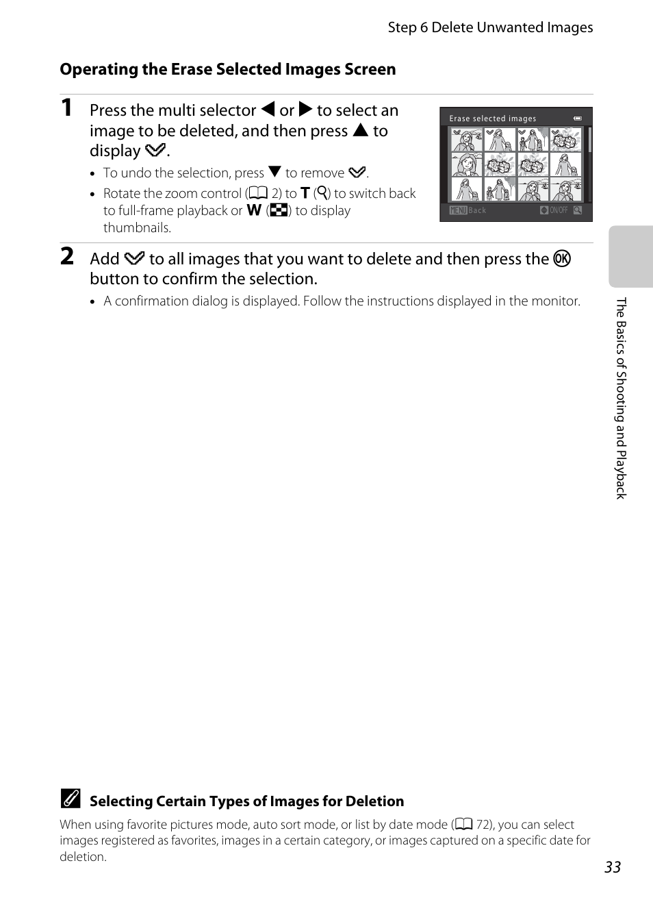 Operating the erase selected images screen, A 33) for | Nikon S6200 User Manual | Page 49 / 212