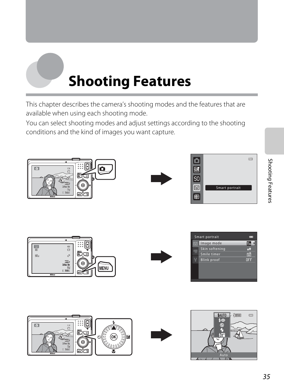 Shooting features, Shooting, Features | A 35), Sh ooting feat ures | Nikon S6200 User Manual | Page 51 / 212