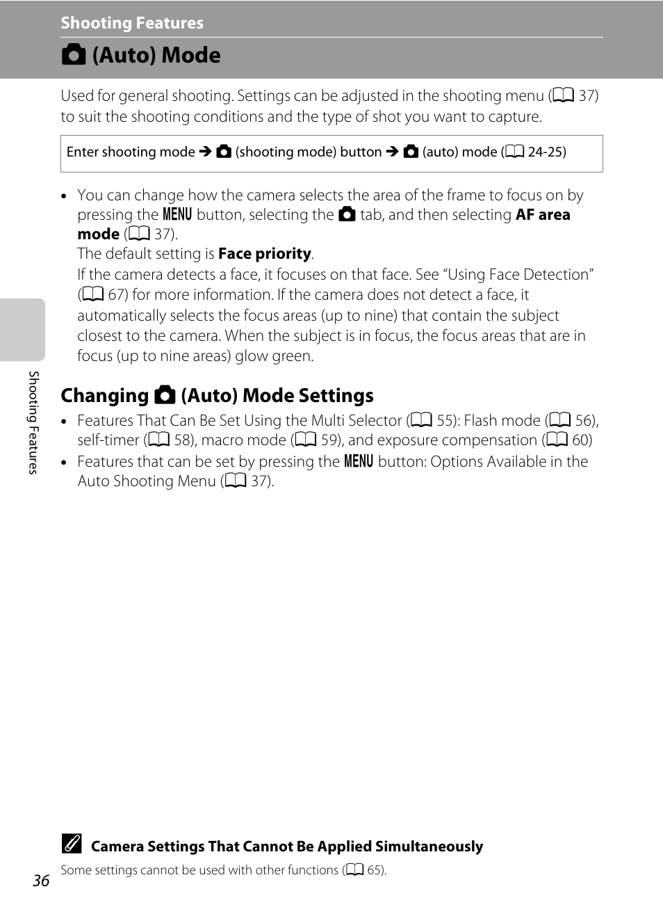 Auto mode, Changing auto mode settings, A (auto) mode | Changing a (auto) mode settings, A 36 | Nikon S6200 User Manual | Page 52 / 212