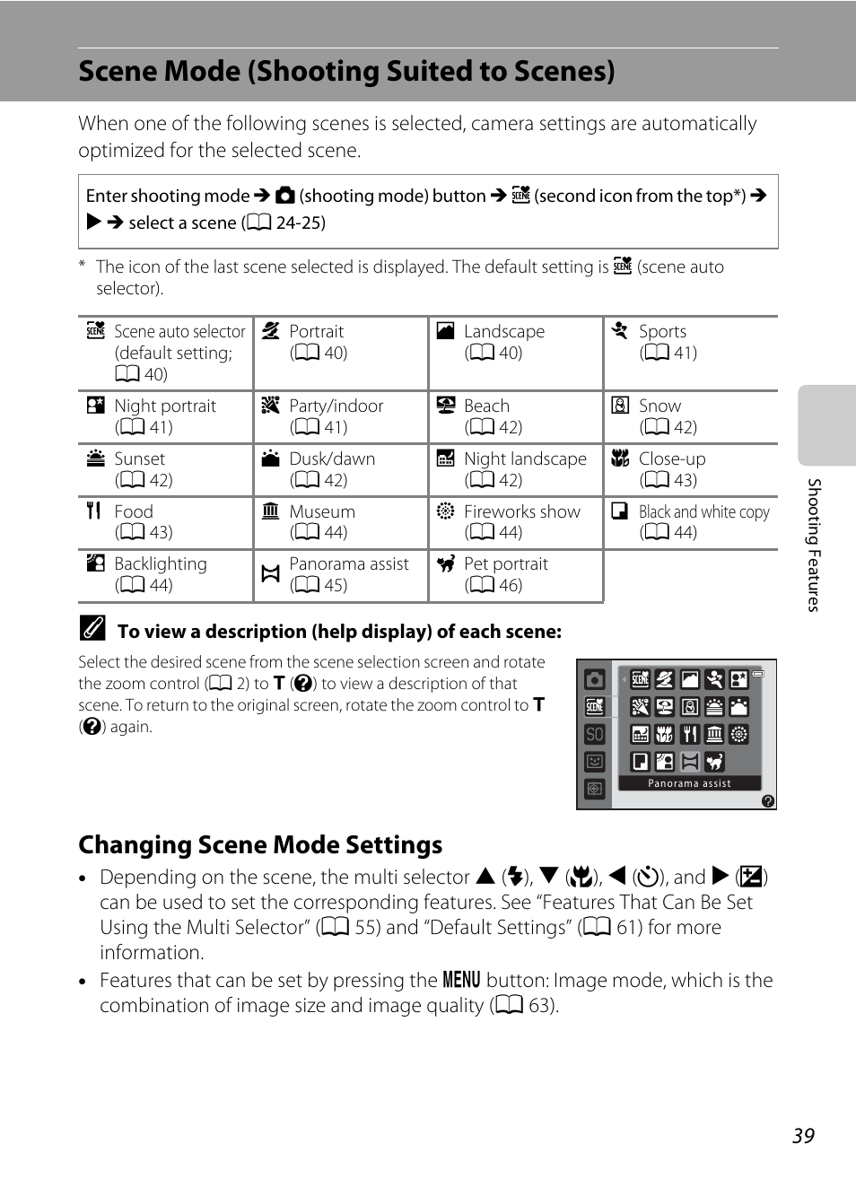 Scene mode (shooting suited to scenes), Changing scene mode settings, A 39 | Nikon S6200 User Manual | Page 55 / 212