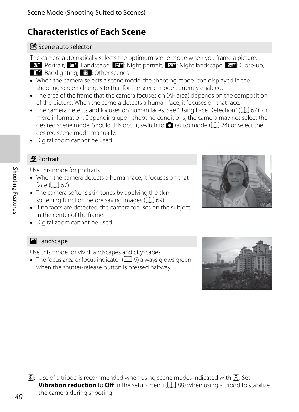 Characteristics of each scene, A 40), A 40 | Nikon S6200 User Manual | Page 56 / 212