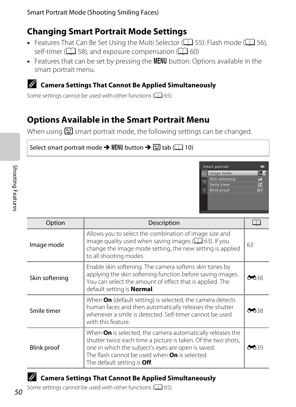 Changing smart portrait mode settings, Options available in the smart portrait menu, A 50) | A 50) to | Nikon S6200 User Manual | Page 66 / 212