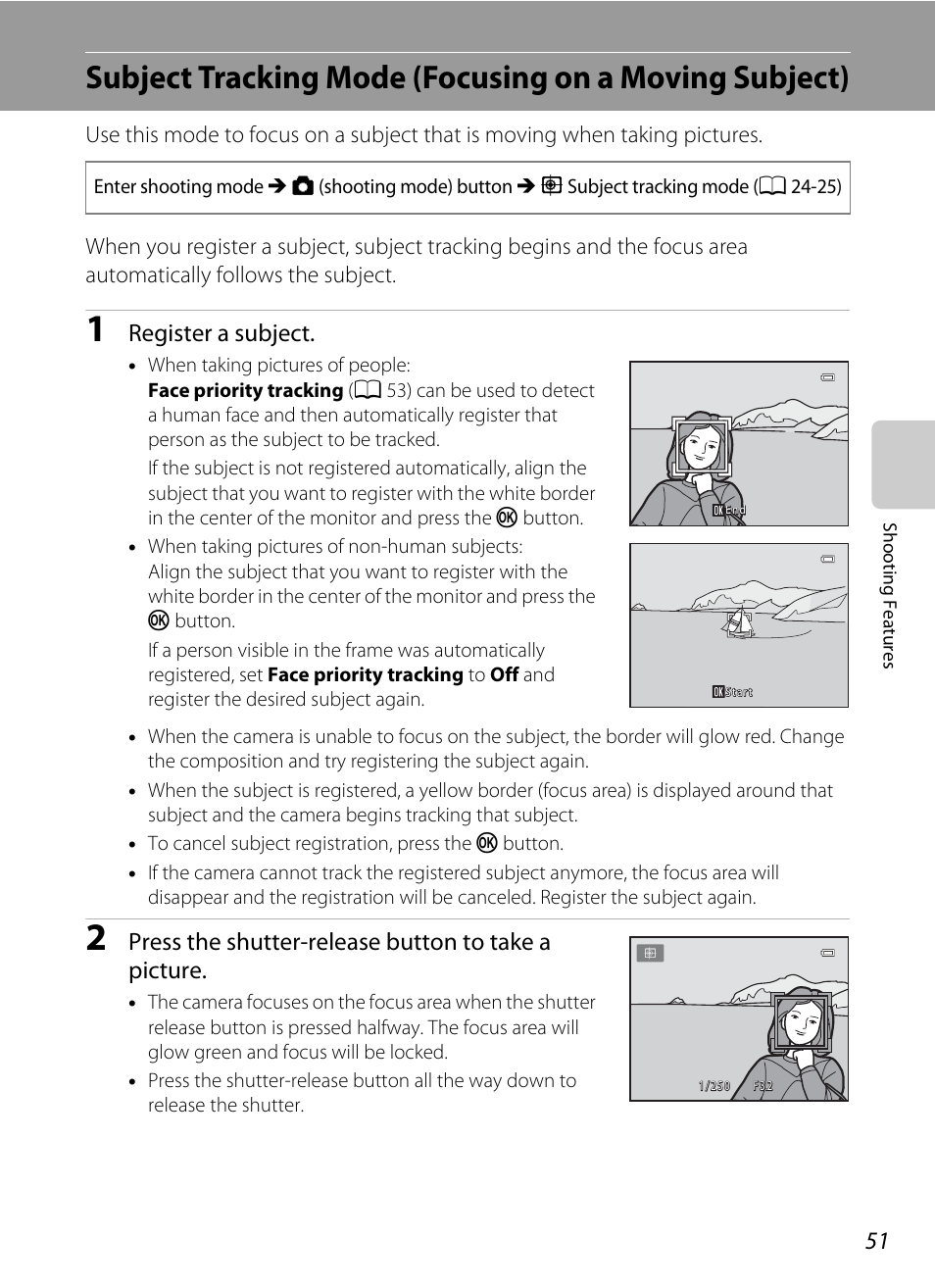 A 51, Register a subject, Press the shutter-release button to take a picture | Nikon S6200 User Manual | Page 67 / 212
