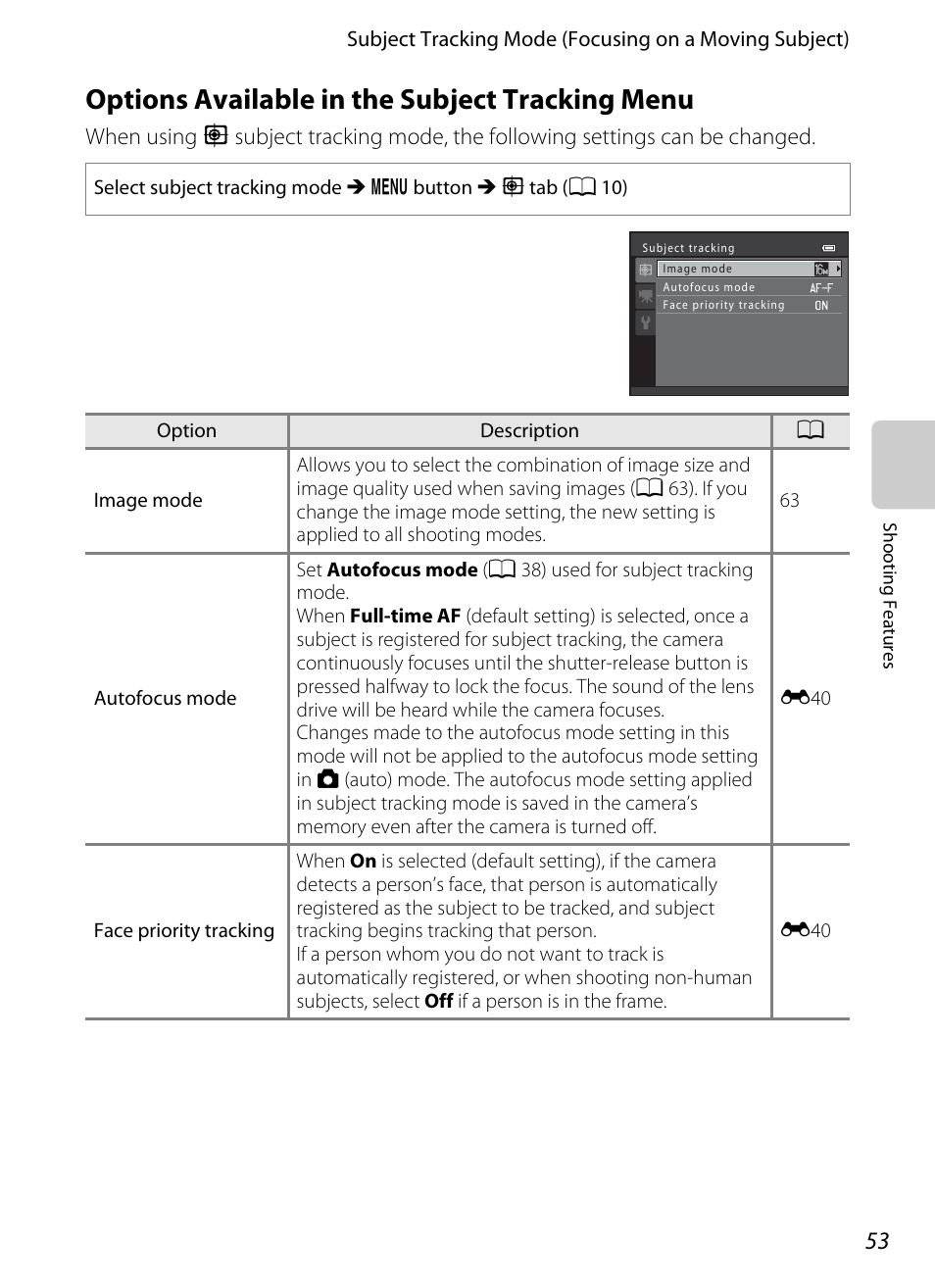 Options available in the subject tracking menu, A 53) | Nikon S6200 User Manual | Page 69 / 212