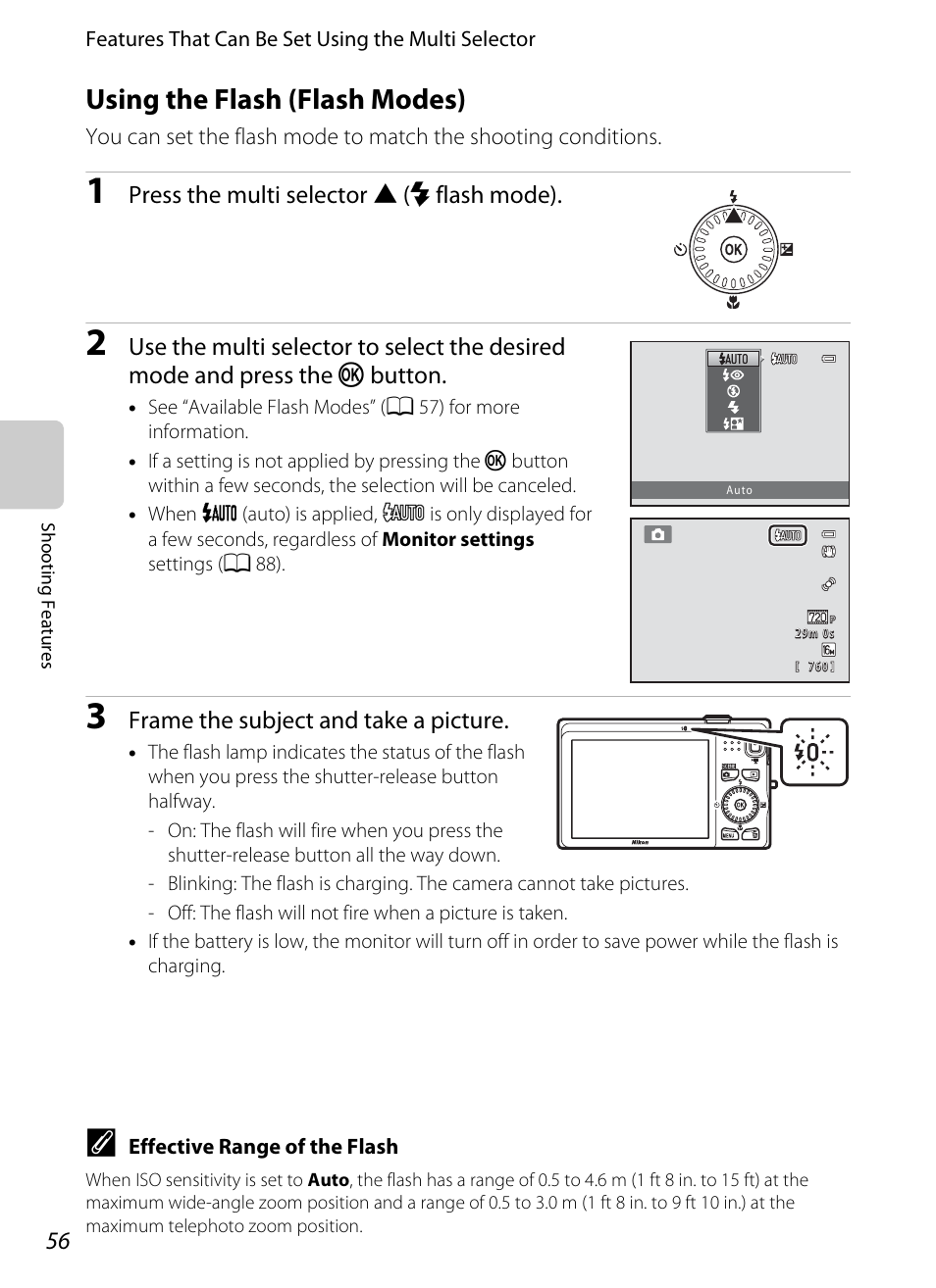 Using the flash (flash modes), A 56), A 56 | A 56) to, Mode (a 56) | Nikon S6200 User Manual | Page 72 / 212