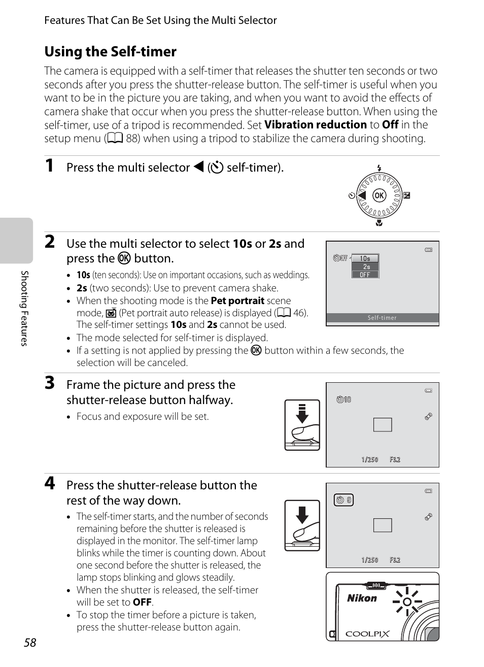 Using the self-timer, A 58), R (a 58) | Nikon S6200 User Manual | Page 74 / 212