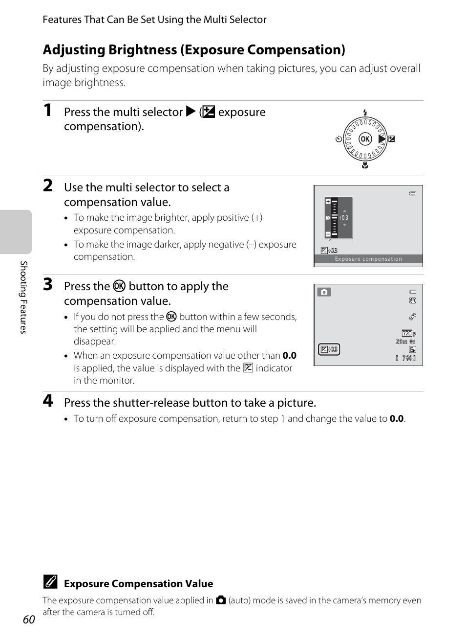 Adjusting brightness (exposure compensation), A 60), Sation (a 60) | Ensation | Nikon S6200 User Manual | Page 76 / 212