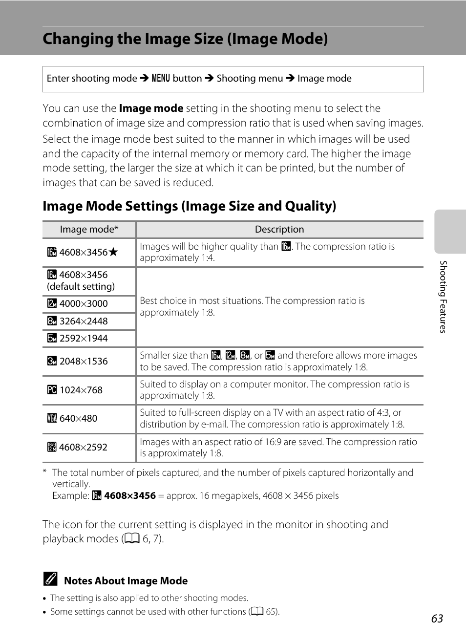 Changing the image size (image mode), Image mode settings (image size and quality), A 63) a | A 63), Image size and image quality, A 63). if you | Nikon S6200 User Manual | Page 79 / 212