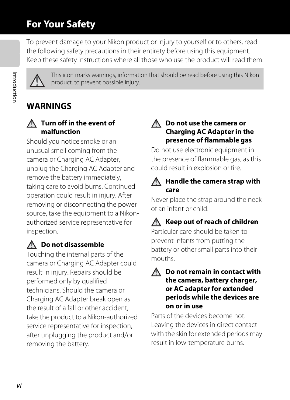 For your safety, Warnings | Nikon S6200 User Manual | Page 8 / 212