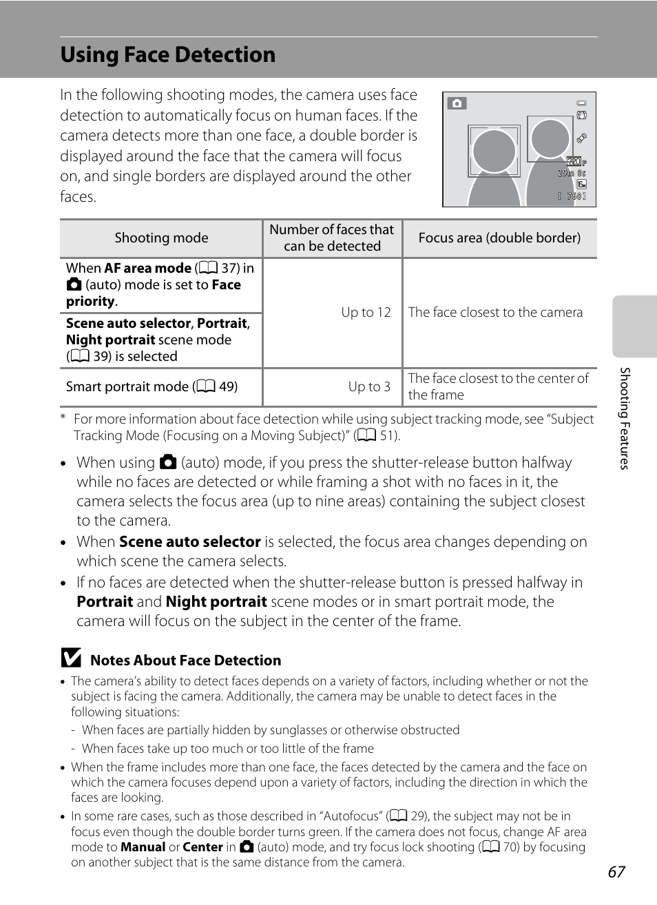 Using face detection, Ee “using face detection, A 67) | A 67) or, Ce. see “using face detection, A 67) fo, A 67) for, See “notes about face detection, A 67) f | Nikon S6200 User Manual | Page 83 / 212