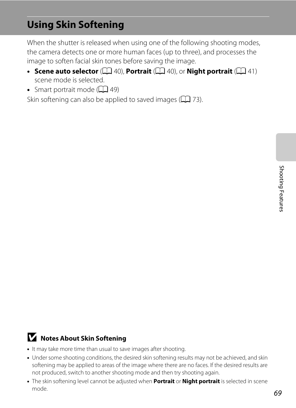 Using skin softening, A 69) | Nikon S6200 User Manual | Page 85 / 212