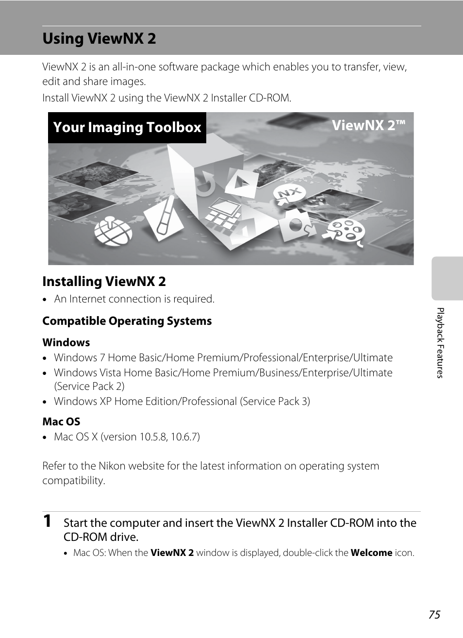Using viewnx 2, Installing viewnx 2, A 75) | A 75, Your imaging toolbox viewnx 2 | Nikon S6200 User Manual | Page 91 / 212