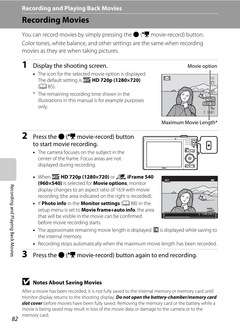 Recording movies | Nikon S6200 User Manual | Page 98 / 212