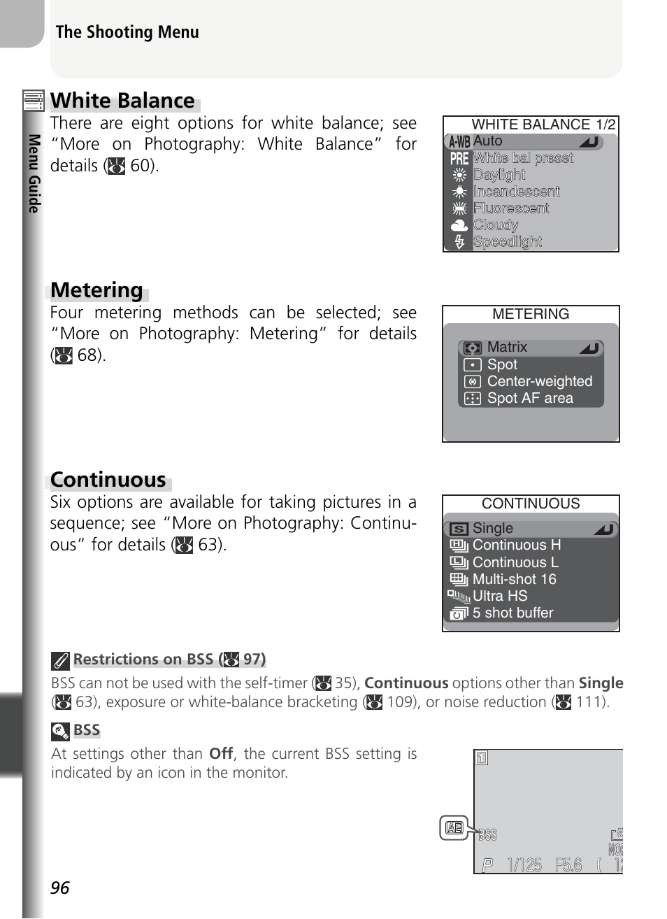 Continuous, White balance, Metering | Nikon 5400 User Manual | Page 108 / 173