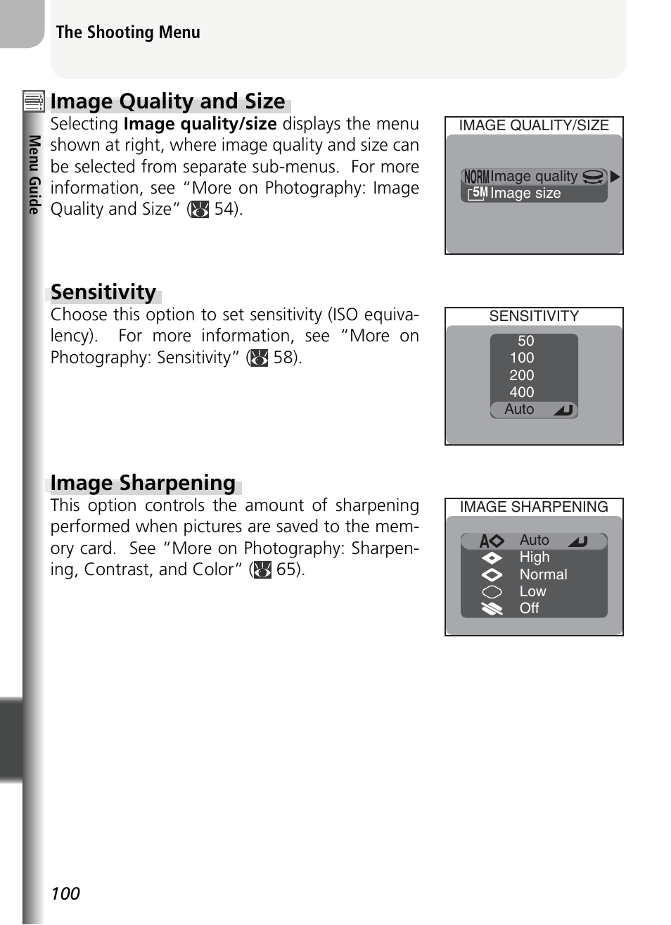 Image quality and size, Sensitivity, Image sharpening | Nikon 5400 User Manual | Page 112 / 173