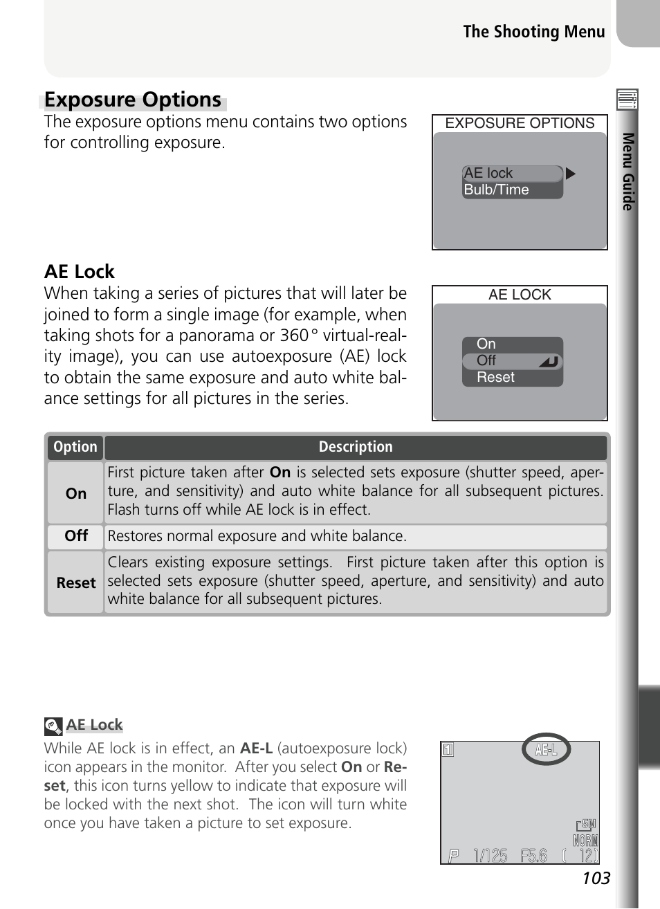 Exposure options, Ae lock | Nikon 5400 User Manual | Page 115 / 173