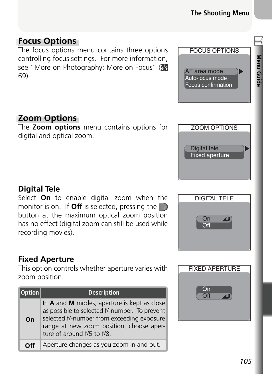 Focus options, Zoom options, Digital tele | Fixed aperture | Nikon 5400 User Manual | Page 117 / 173