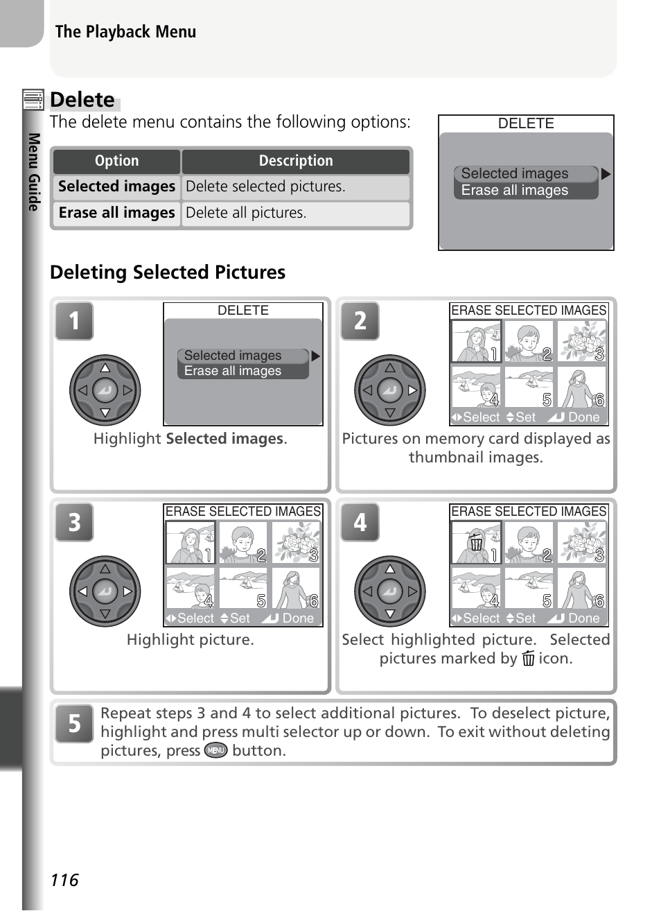 Delete, Deleting selected pictures | Nikon 5400 User Manual | Page 128 / 173