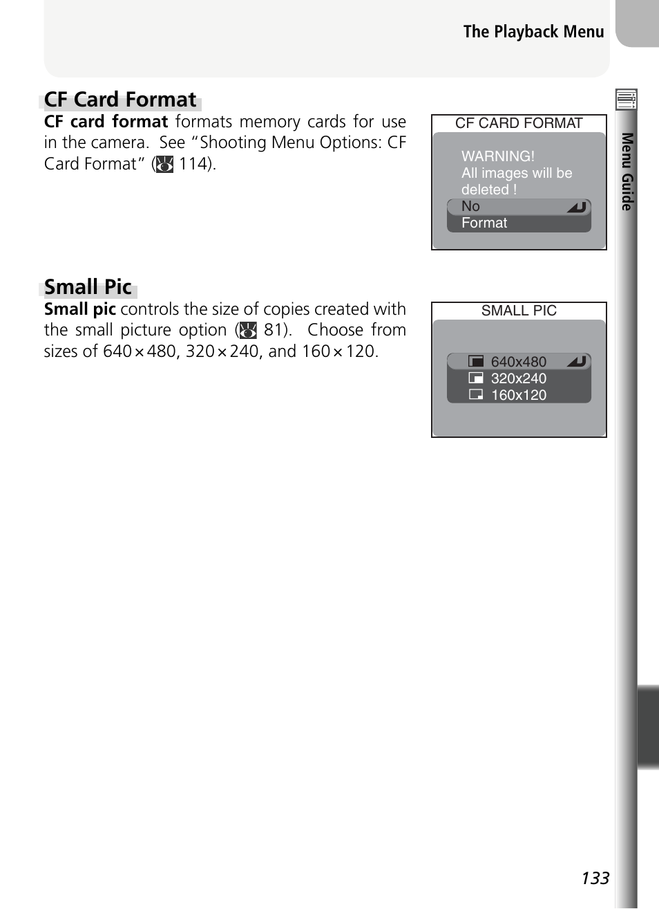 Small pic, Cf card format | Nikon 5400 User Manual | Page 145 / 173