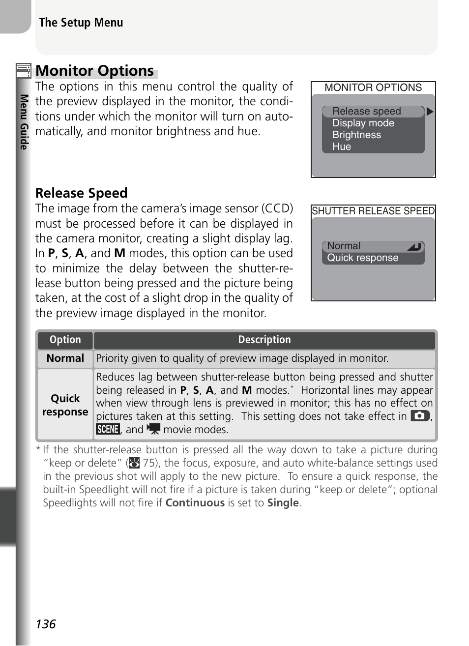 Monitor options, Release speed | Nikon 5400 User Manual | Page 148 / 173