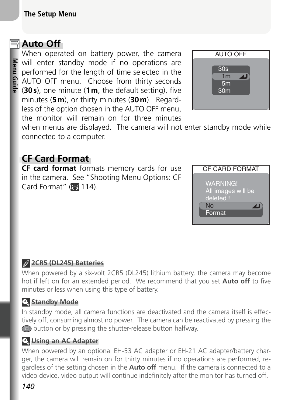 Auto off, Cf card format | Nikon 5400 User Manual | Page 152 / 173