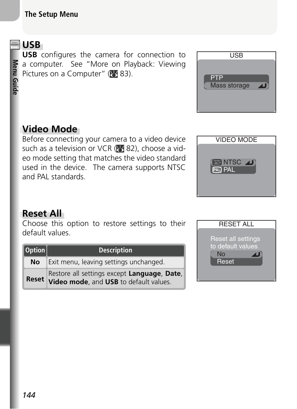 Video mode, Reset all | Nikon 5400 User Manual | Page 156 / 173