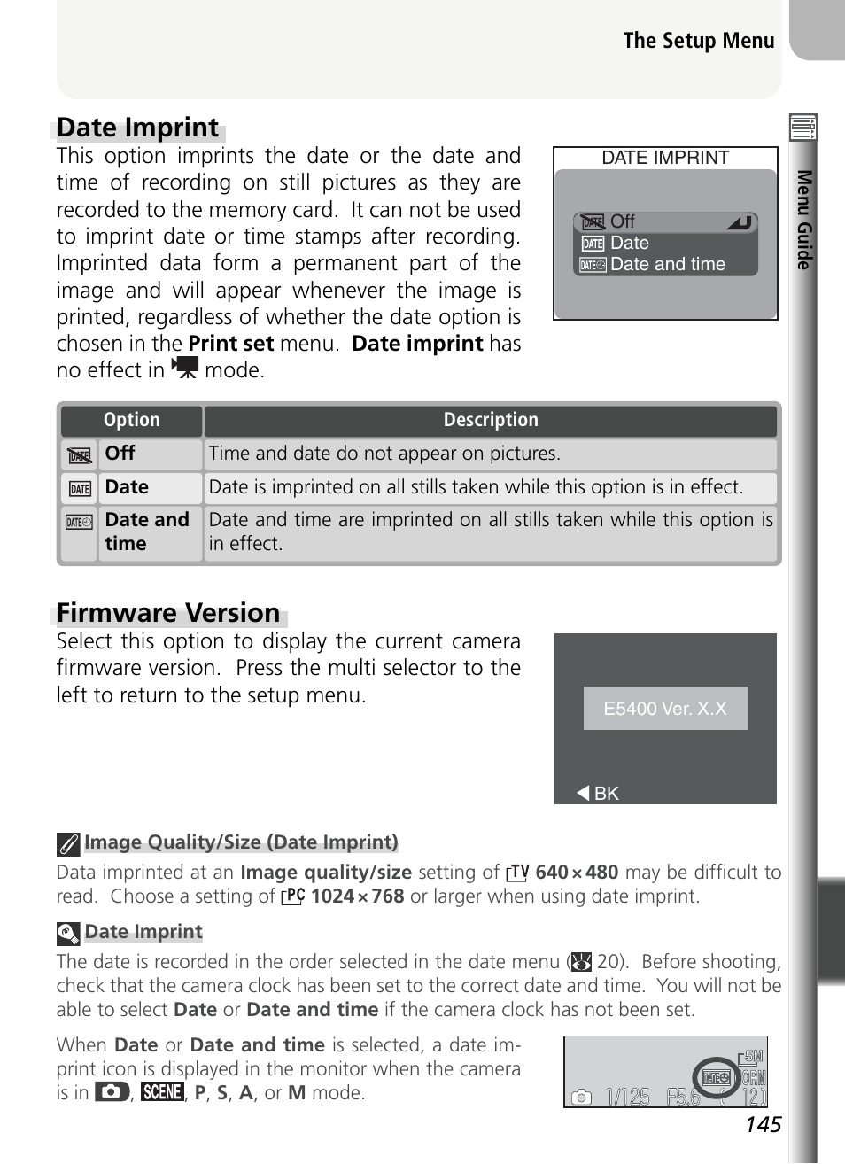 Date imprint, Firmware version | Nikon 5400 User Manual | Page 157 / 173