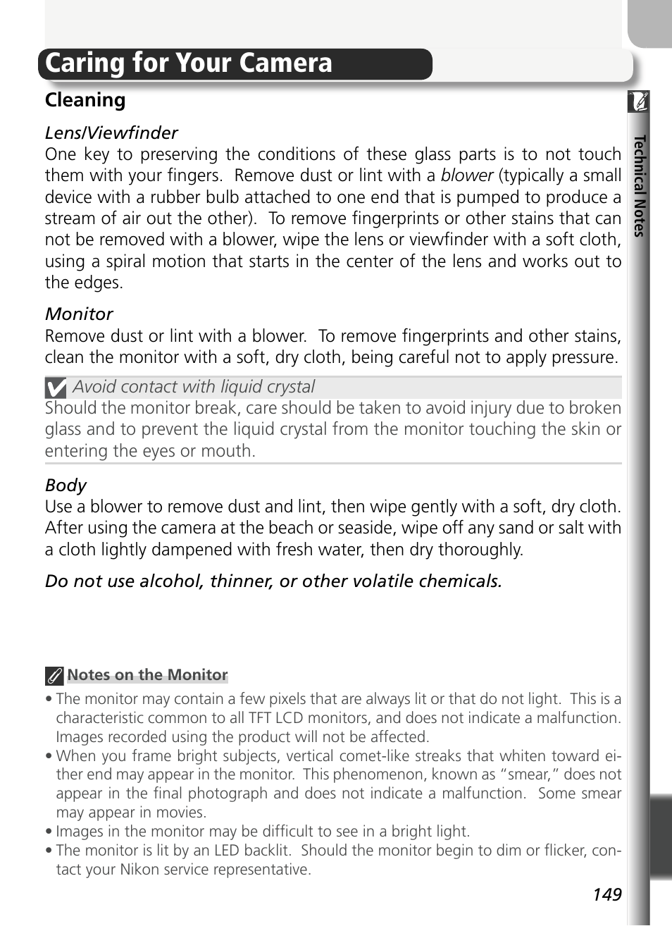 Caring for your camera | Nikon 5400 User Manual | Page 161 / 173