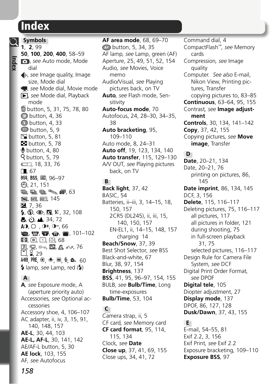 Index | Nikon 5400 User Manual | Page 170 / 173