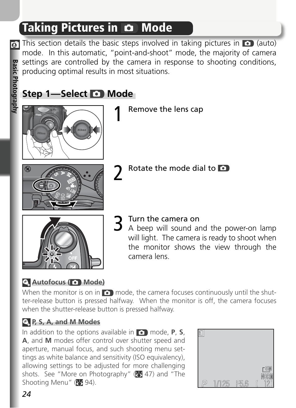 Taking pictures in auto mode, Taking pictures in mode | Nikon 5400 User Manual | Page 36 / 173