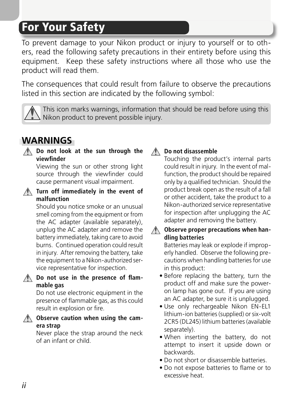 For your safety, Warnings | Nikon 5400 User Manual | Page 4 / 173