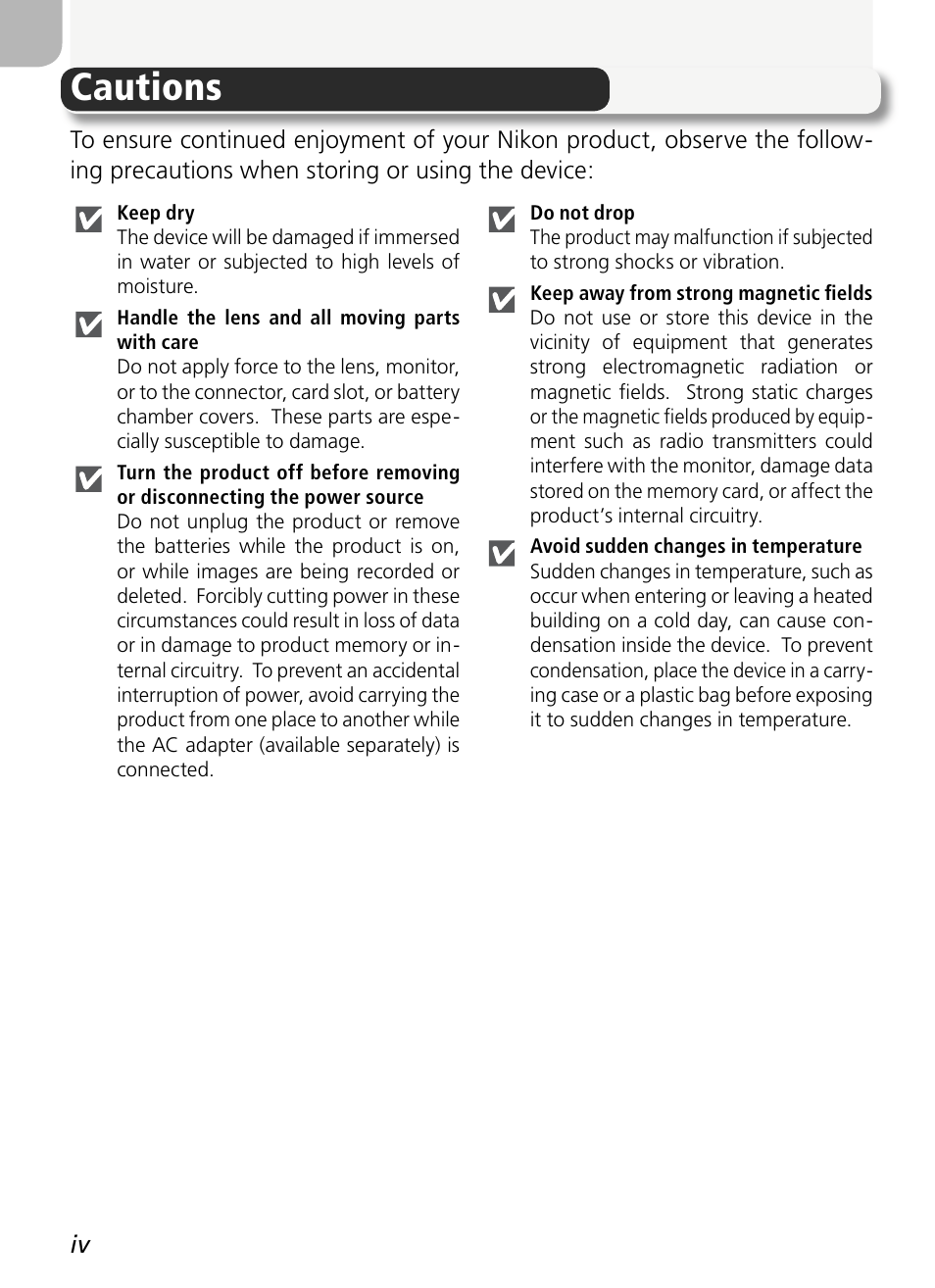 Cautions | Nikon 5400 User Manual | Page 6 / 173