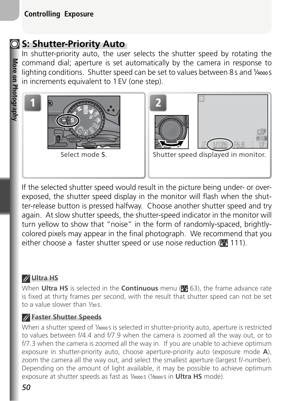 S: shutter-priority auto, 50 controlling exposure | Nikon 5400 User Manual | Page 62 / 173