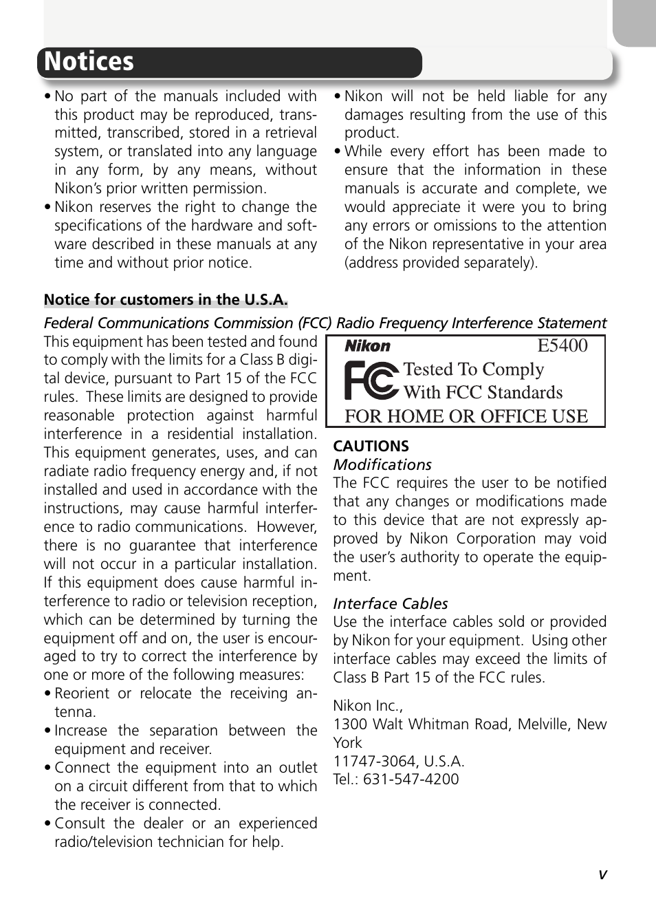 Notices, E5400 | Nikon 5400 User Manual | Page 7 / 173