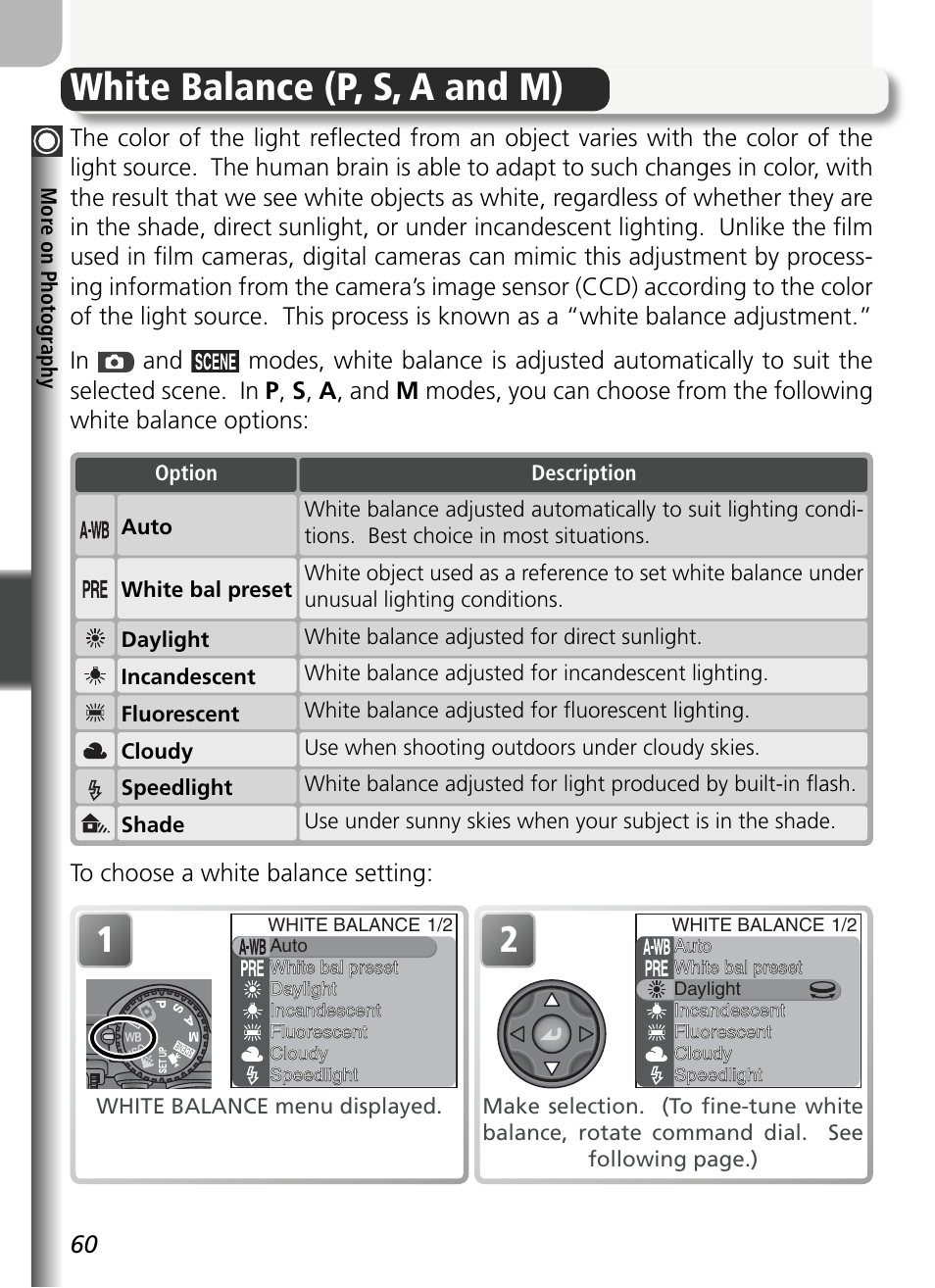White balance (p, s, a and m) | Nikon 5400 User Manual | Page 72 / 173