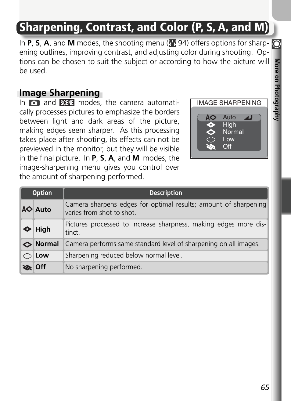Sharpening, contrast, and color (p, s, a, and m), Image sharpening | Nikon 5400 User Manual | Page 77 / 173