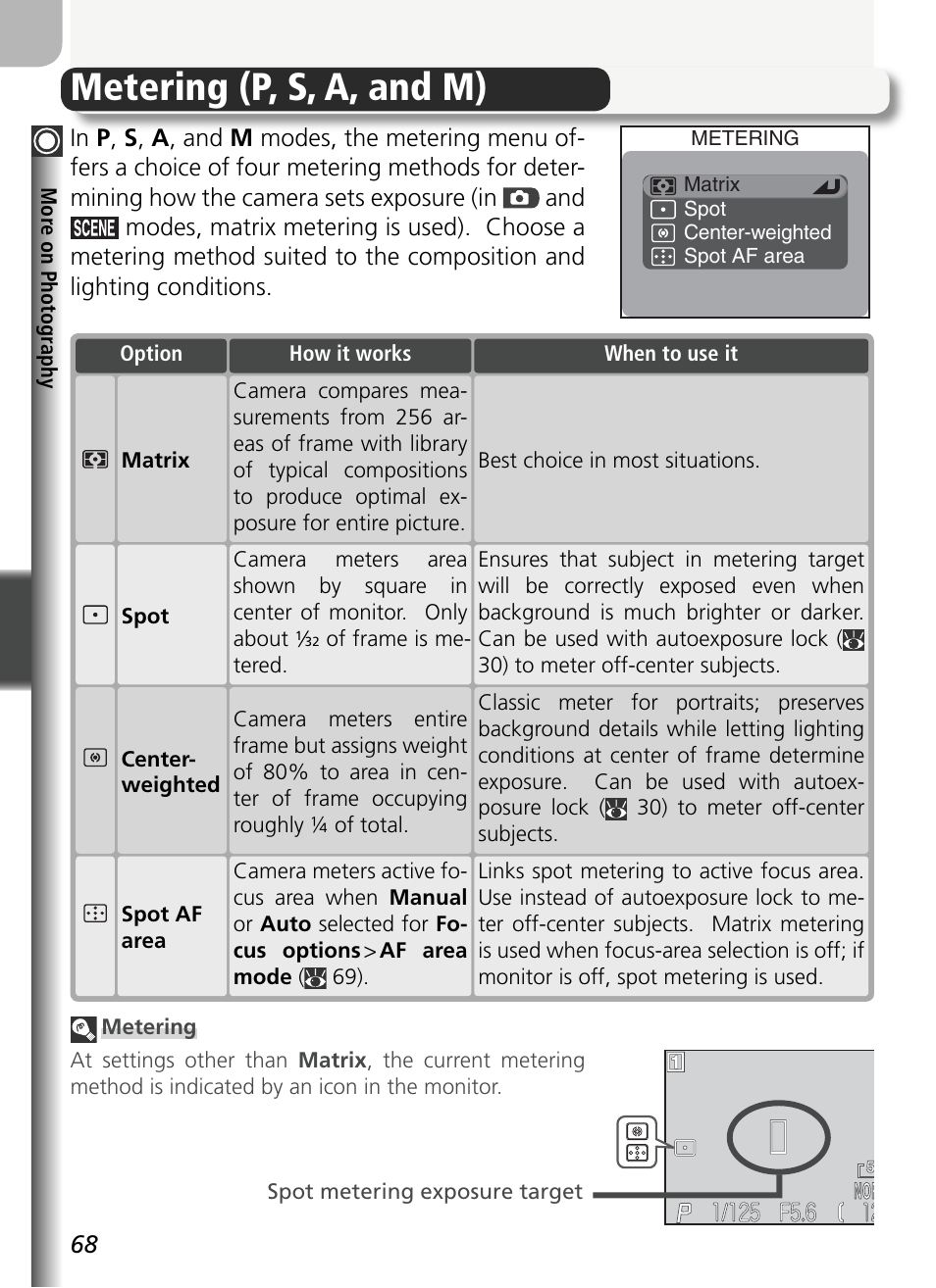 Metering (p, s, a, and m) | Nikon 5400 User Manual | Page 80 / 173