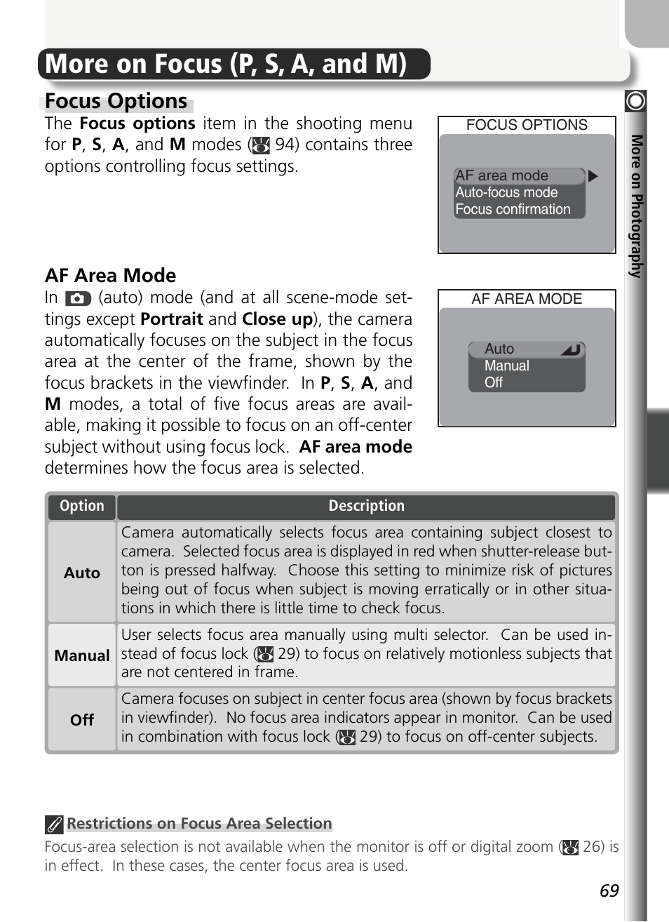More on focus (p, s, a, and m), Focus options, Af area mode | Nikon 5400 User Manual | Page 81 / 173