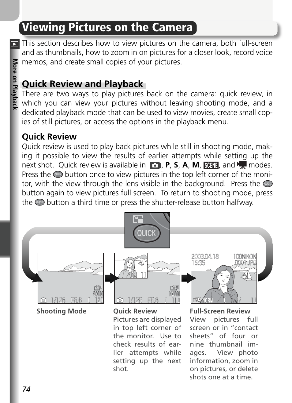 Viewing pictures on the camera, Quick review and playback | Nikon 5400 User Manual | Page 86 / 173