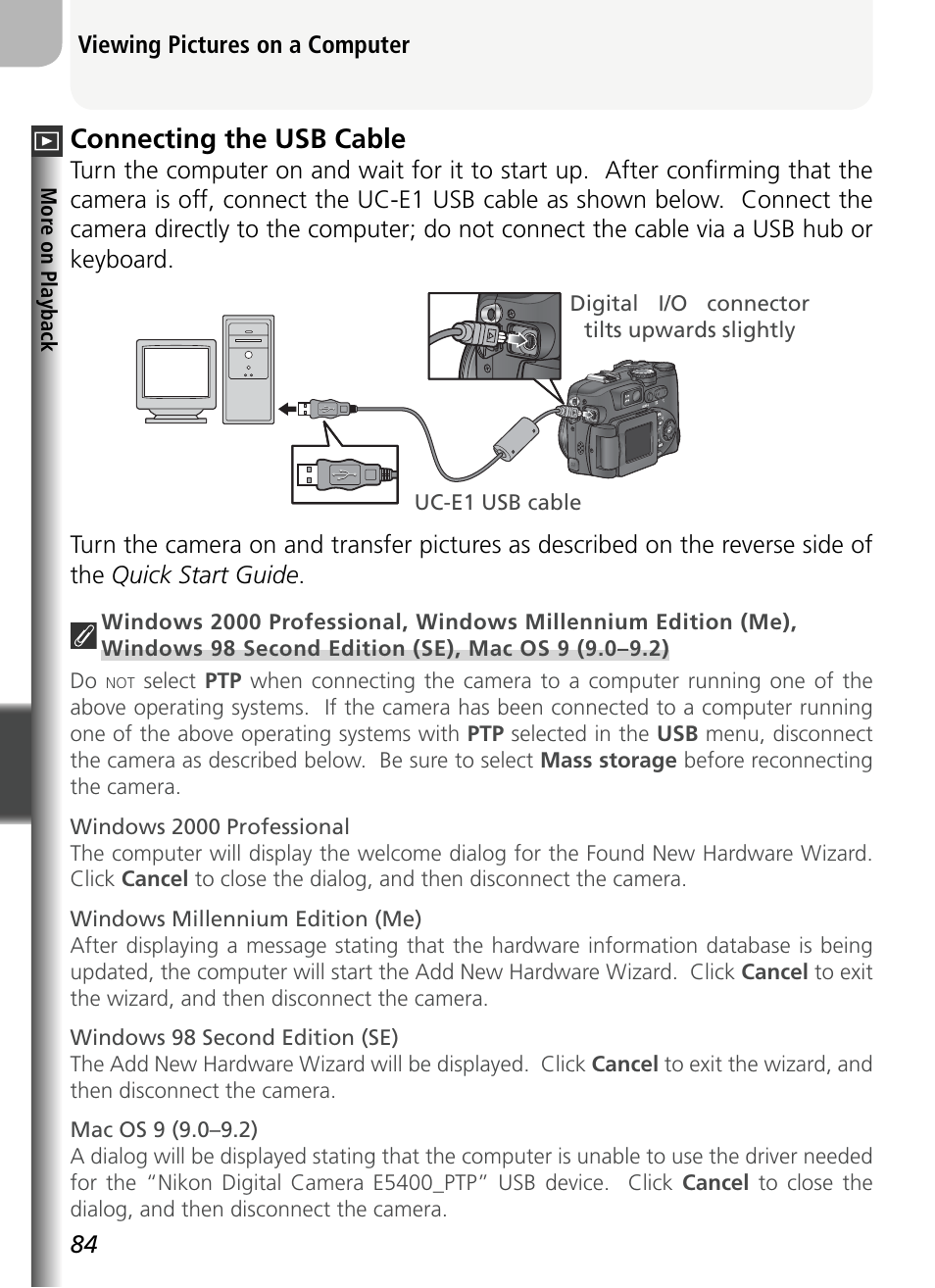 Connecting the usb cable | Nikon 5400 User Manual | Page 96 / 173