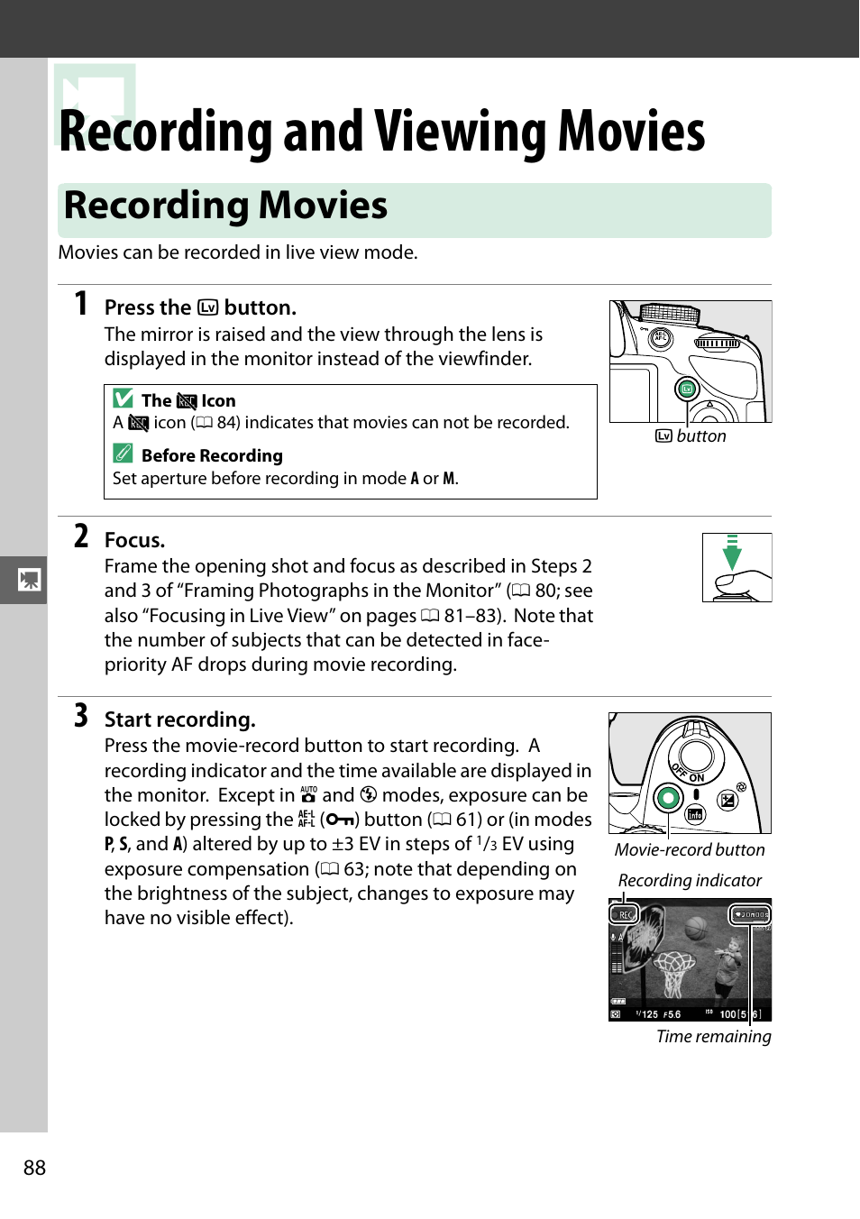 Recording and viewing movies, Recording movies | Nikon D3200 User Manual | Page 104 / 228