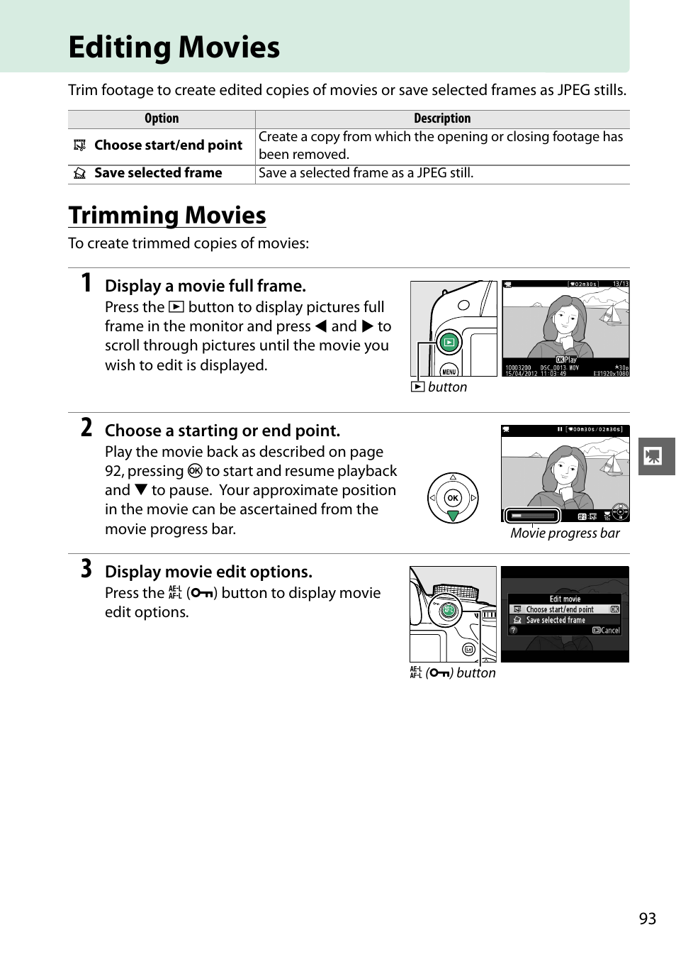 Editing movies, Trimming movies | Nikon D3200 User Manual | Page 109 / 228