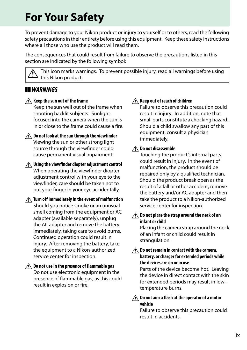 For your safety, Warnings a | Nikon D3200 User Manual | Page 11 / 228