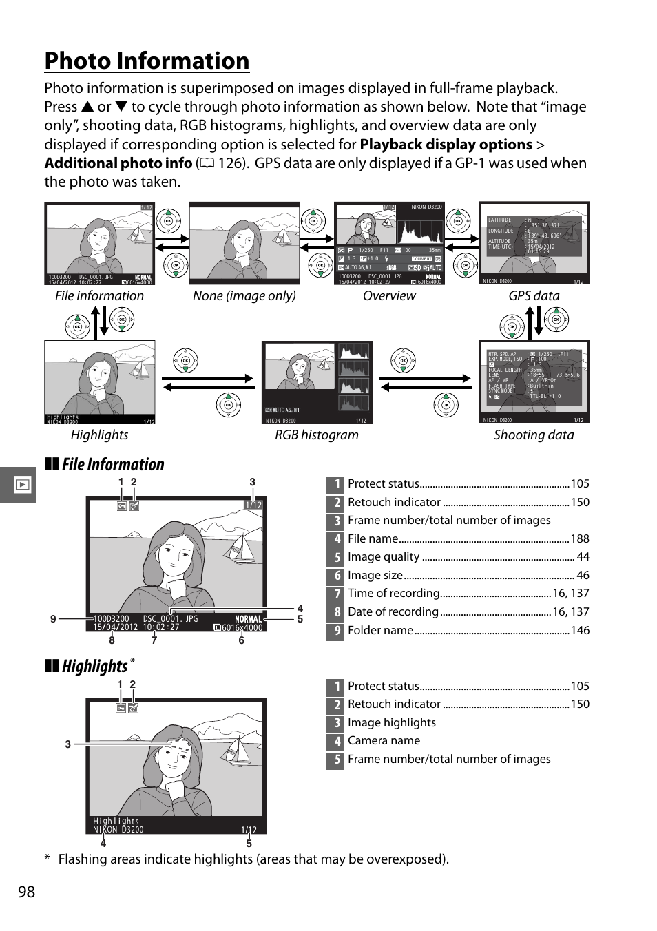 Photo information, 0 98), mo, File information ❚❚ highlights | Protect status, Retouch indicator, Frame number/total number of images, File name, Image quality, Image size, Time of recording , 137 | Nikon D3200 User Manual | Page 114 / 228