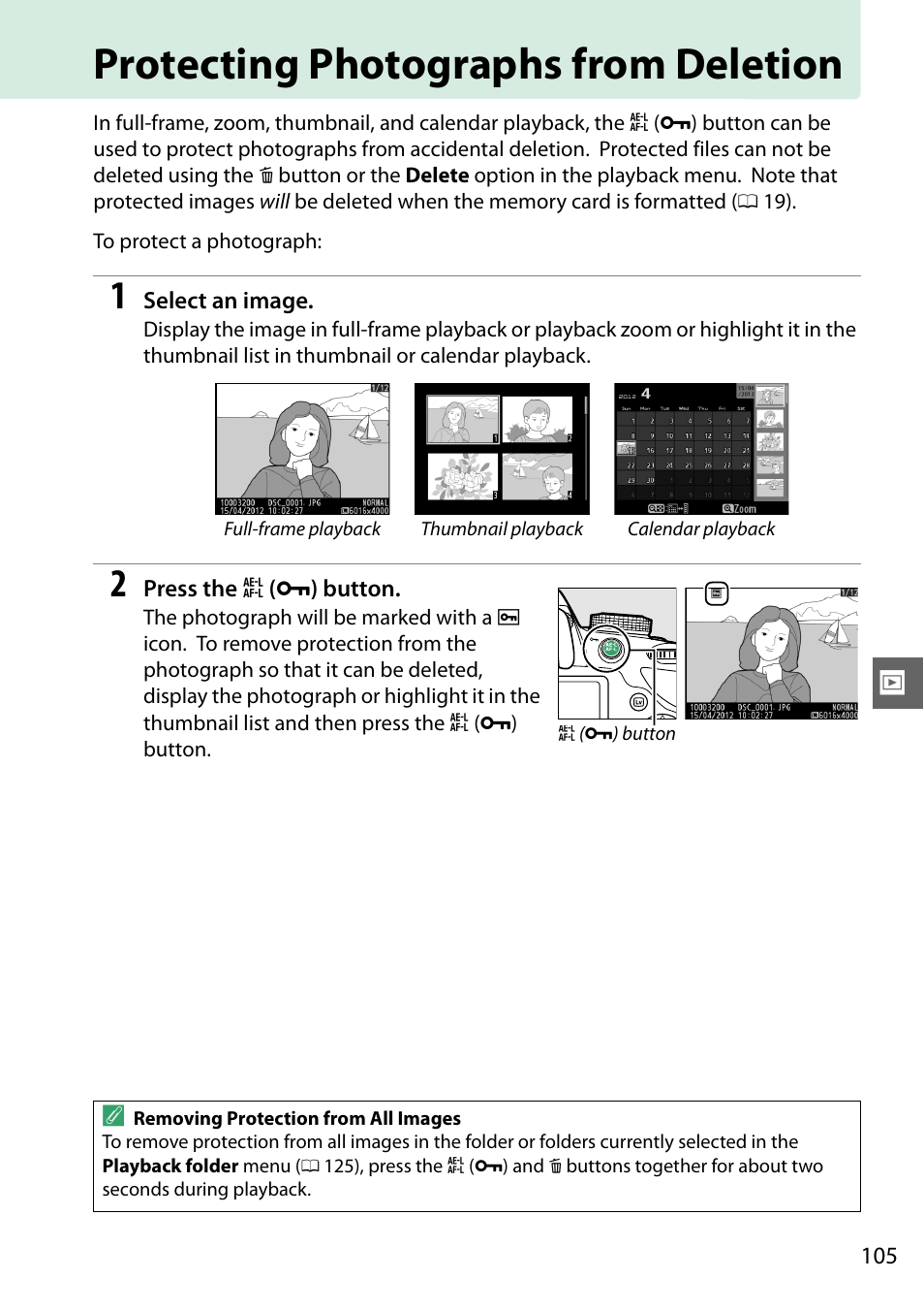Protecting photographs from deletion, 105 f | Nikon D3200 User Manual | Page 121 / 228