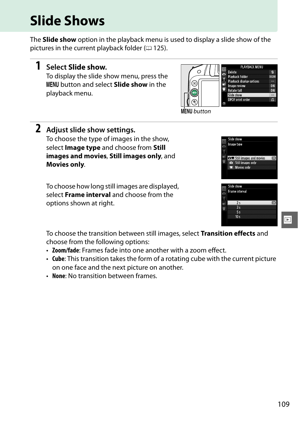 Slide shows | Nikon D3200 User Manual | Page 125 / 228