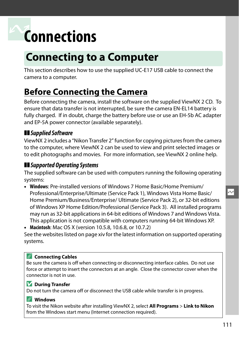 Connections, Connecting to a computer, Before connecting the camera | Nikon D3200 User Manual | Page 127 / 228