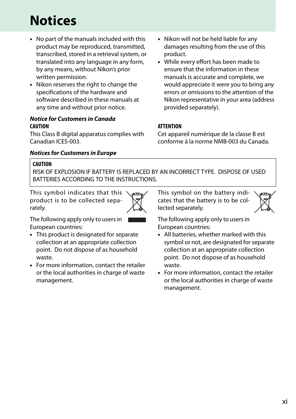 Notices | Nikon D3200 User Manual | Page 13 / 228