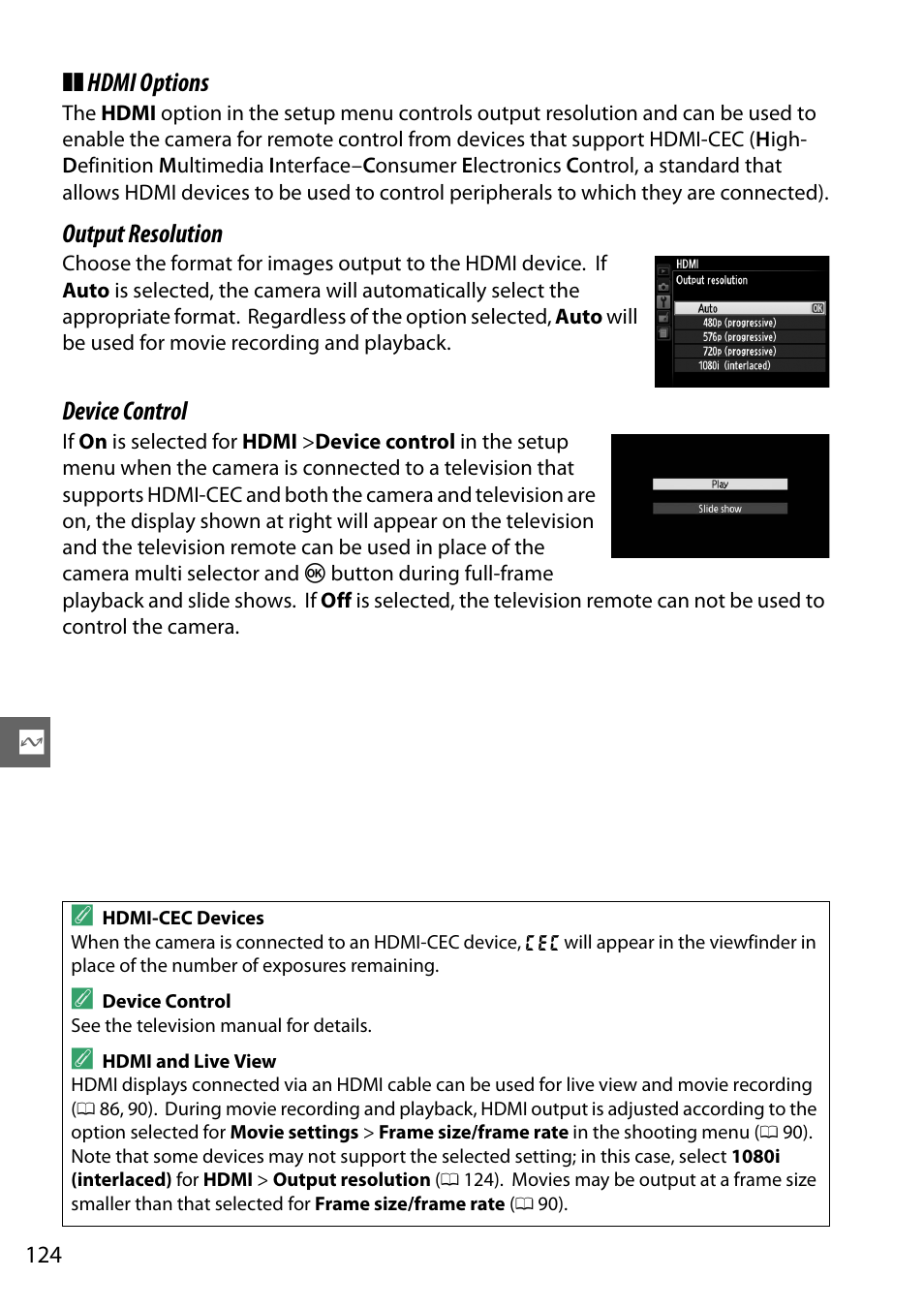 0 124) bef, Hdmi options, Output resolution | Device control | Nikon D3200 User Manual | Page 140 / 228